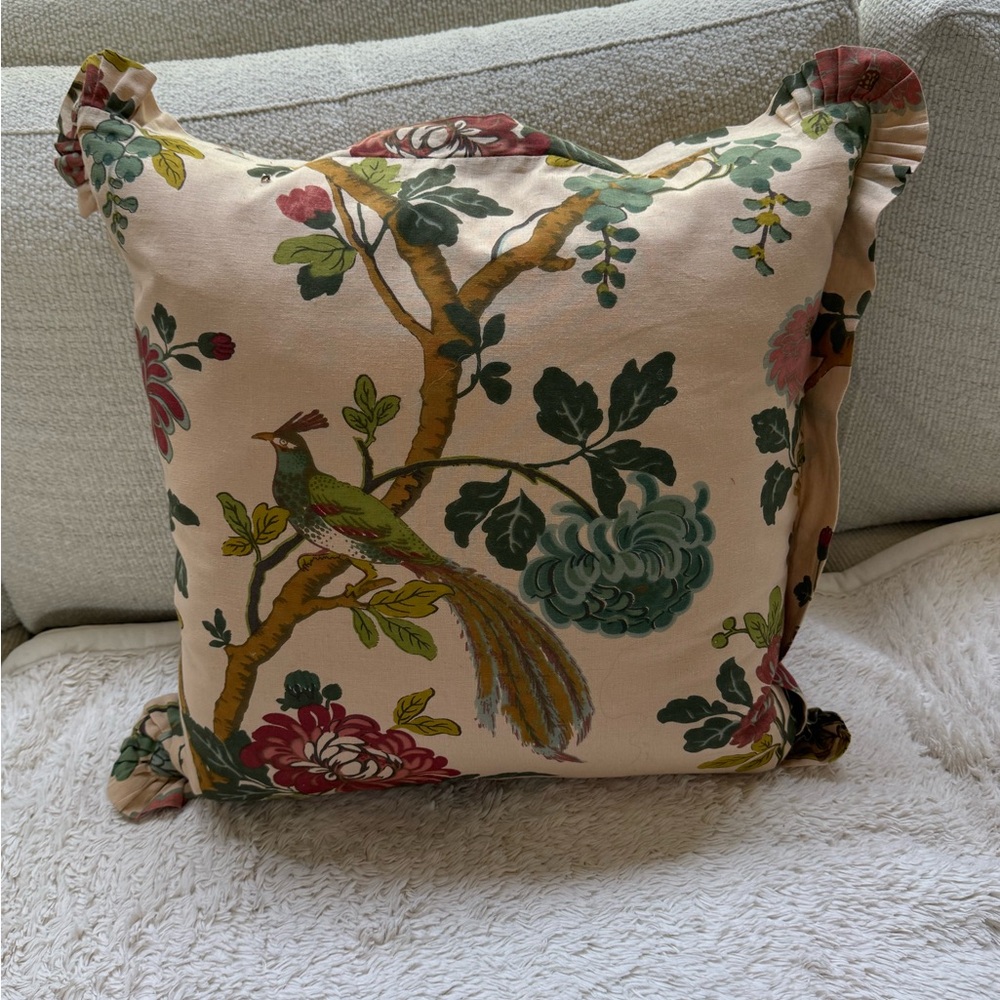 Pottery Batn Floral Bird Print Decorative Throw Pillow in Blush Pink